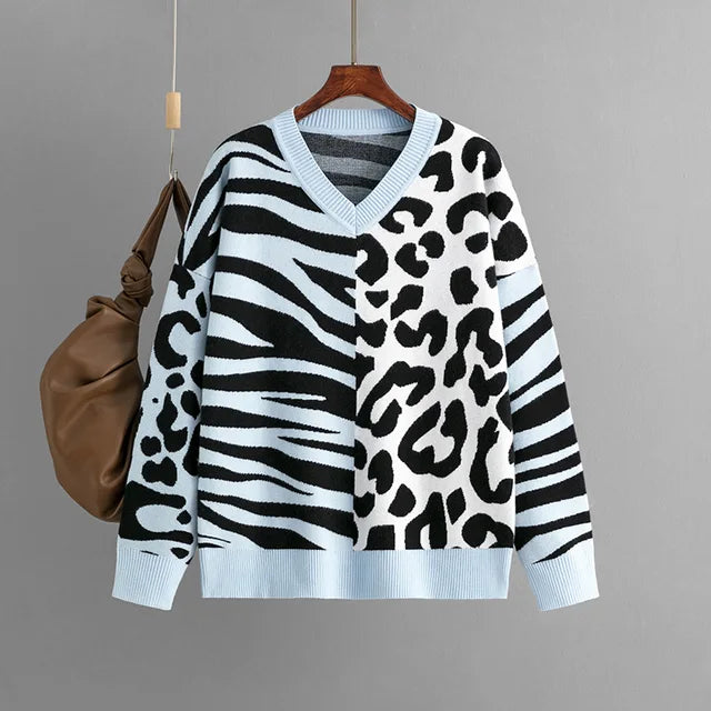 Autumn/Winter New Sweater For Women Leopard Color Block V-neck Long Sleeve Loose Knitted Pullover Top Female