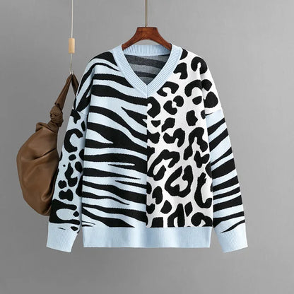 Autumn/Winter New Sweater For Women Leopard Color Block V-neck Long Sleeve Loose Knitted Pullover Top Female