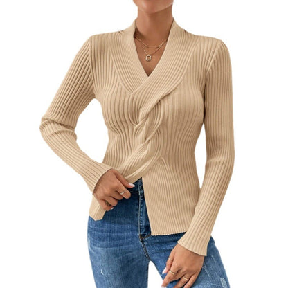 Women's Ribbed Knit Twist Front Slim Fit Sweater – Elegant Long Sleeve Pullover