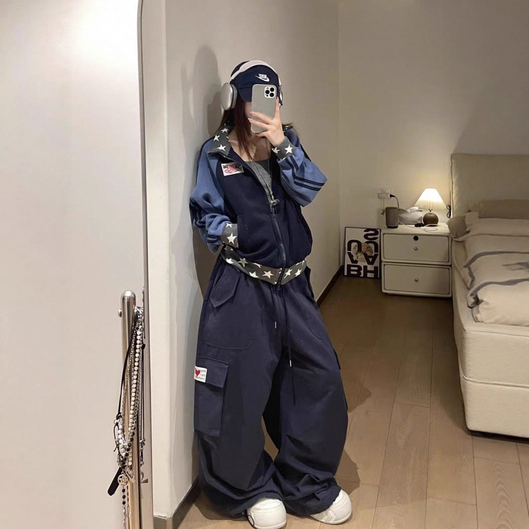 Retro Color-Blocked Star Hoodie, Loose Casual Sporty Design, Zip-Up Patchwork Stand Collar Jacket Top