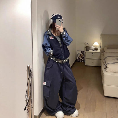 Retro Color-Blocked Star Hoodie, Loose Casual Sporty Design, Zip-Up Patchwork Stand Collar Jacket Top
