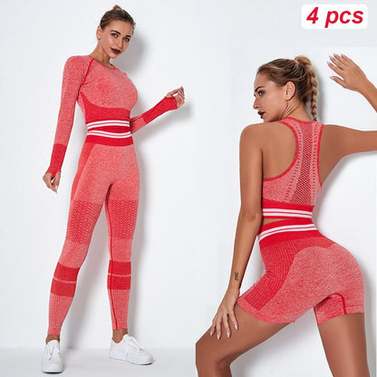 Women's 4-Piece Seamless Yoga Set – Sports Bra, Crop Top, Shorts & High Waist Leggings