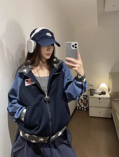 Retro Color-Blocked Star Hoodie, Loose Casual Sporty Design, Zip-Up Patchwork Stand Collar Jacket Top