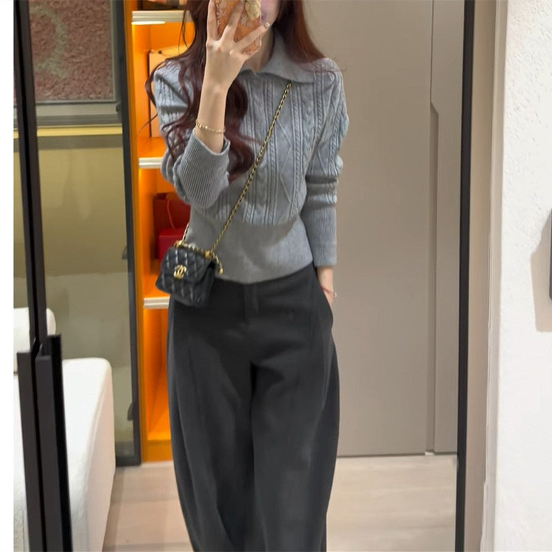 Polo lapel Fried Dough Twists base top waist short sweater