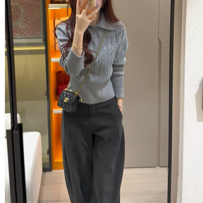 Polo lapel Fried Dough Twists base top waist short sweater