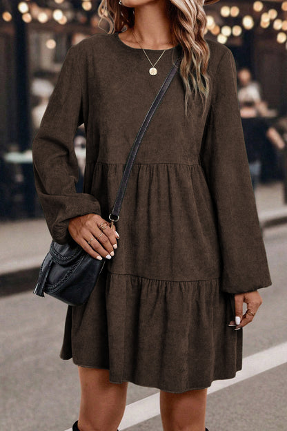 The 'Willow' Dark Brown Lantern Sleeve Tiered Mini Dress