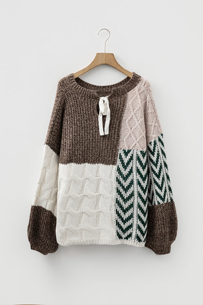 Brown Colorblock Patchwork Knotted Back Loose Fit Sweater