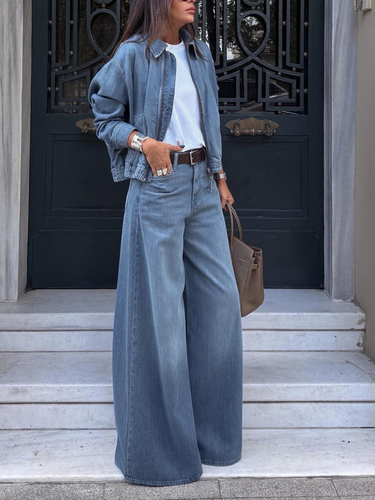 The 'Skyline-Chic' Cropped Jacket & Wide-Leg Denim Set