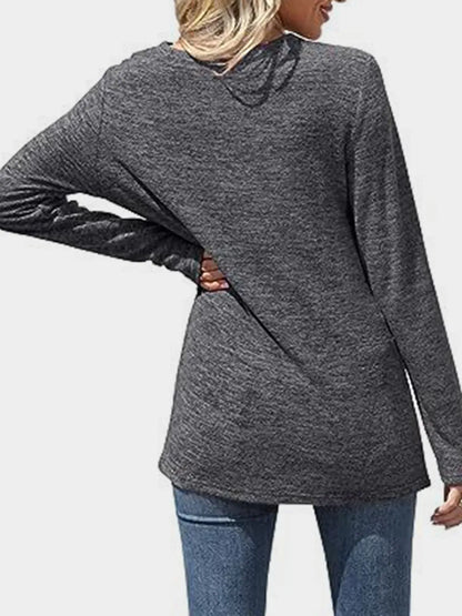 Solid color V-neck loose casual long sleeved T-shirt top for women's wear