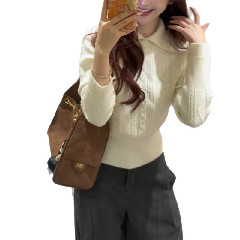 Polo lapel Fried Dough Twists base top waist short sweater