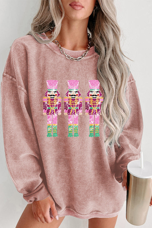 Pink Nutcracker Graphic Sequins Patch Mineral Wash Corded Sweatshirt