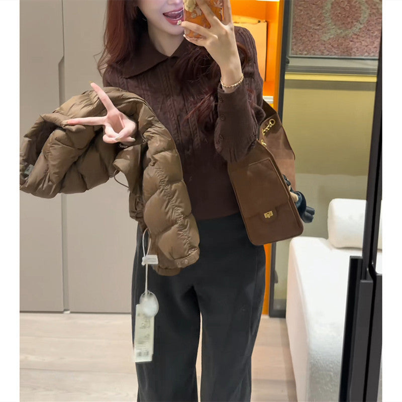 Polo lapel Fried Dough Twists base top waist short sweater