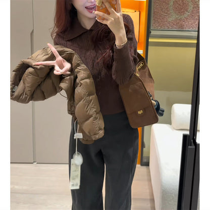Polo lapel Fried Dough Twists base top waist short sweater