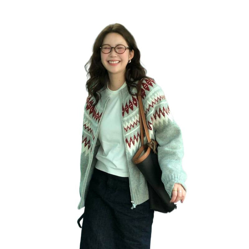 Pattern Knit Cardigan for Women, Thick Loose Casual  Double Zipper Sweater Top