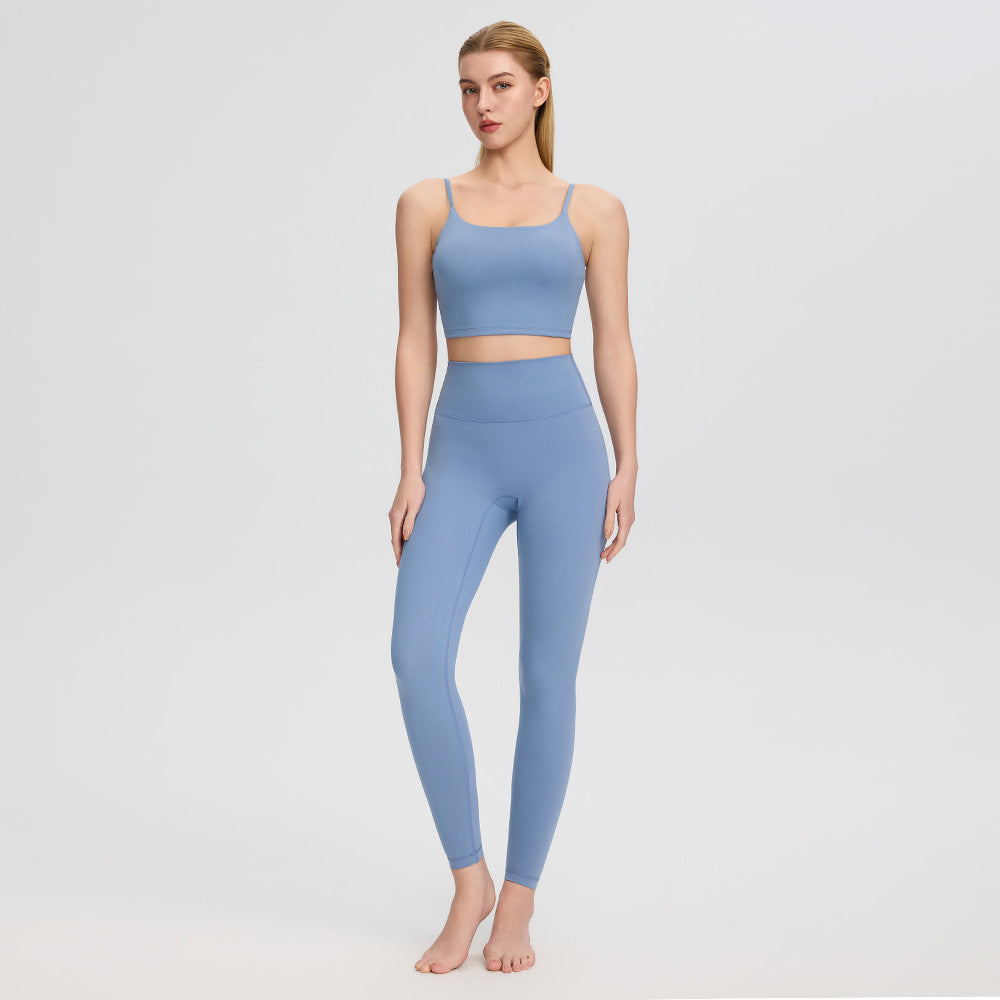 Women Summer Yoga Naked Women Sense Sports Vest with Chest Pad High Waist Yoga Pants Slim Look Running Set