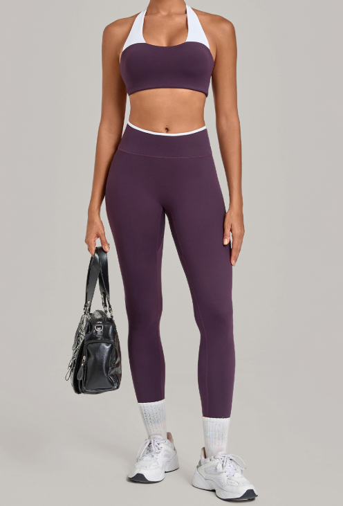 Autumn Sand Halter Contrast Color Nude Feel Yoga Two Piece Sets Built in Pocket Outdoor Workout Exercise Outfit