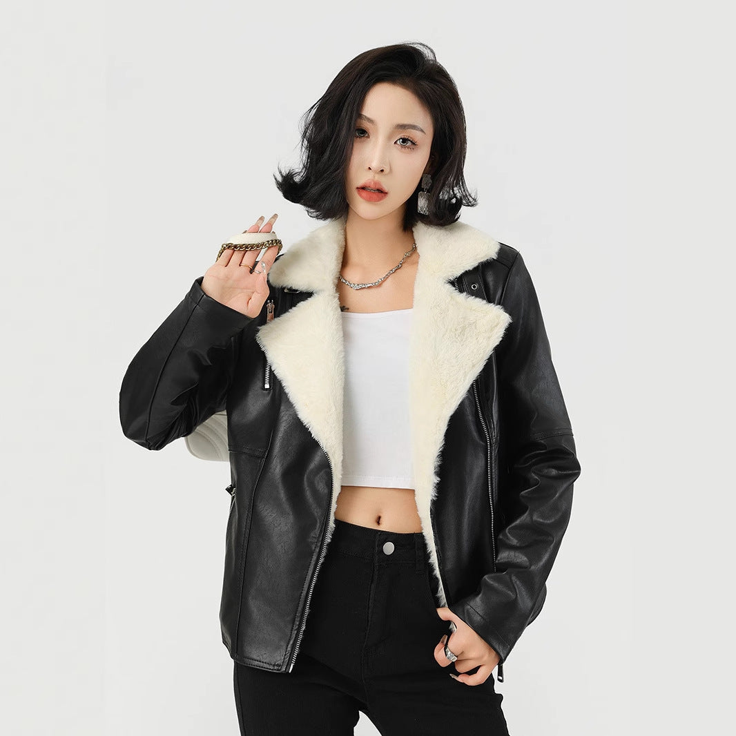 Women's Faux Fur Lined Black Leather Moto Jacket for Winter