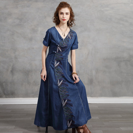 The 'Eastern-Rose' Embroidered Denim Cheongsam Dress