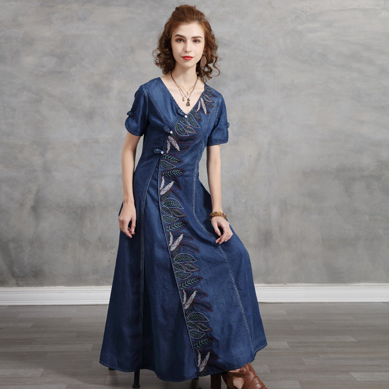 The 'Eastern-Rose' Embroidered Denim Cheongsam Dress