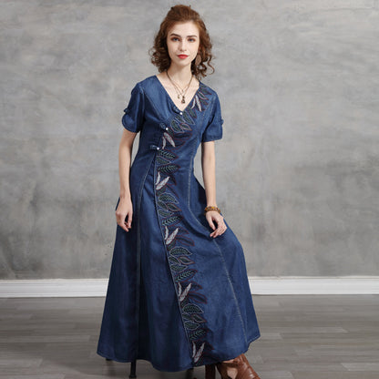 The 'Eastern-Rose' Embroidered Denim Cheongsam Dress