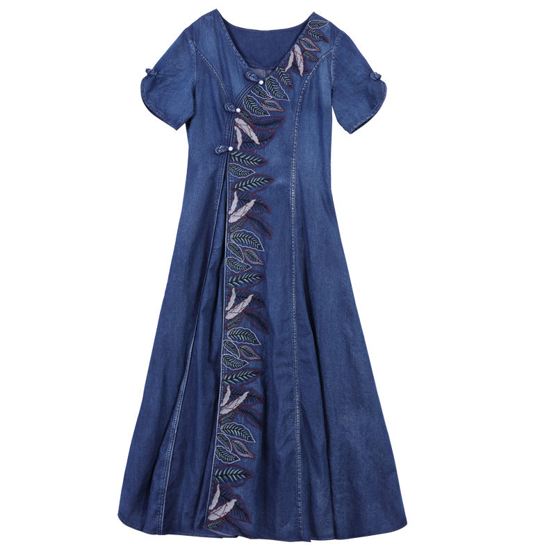 The 'Eastern-Rose' Embroidered Denim Cheongsam Dress