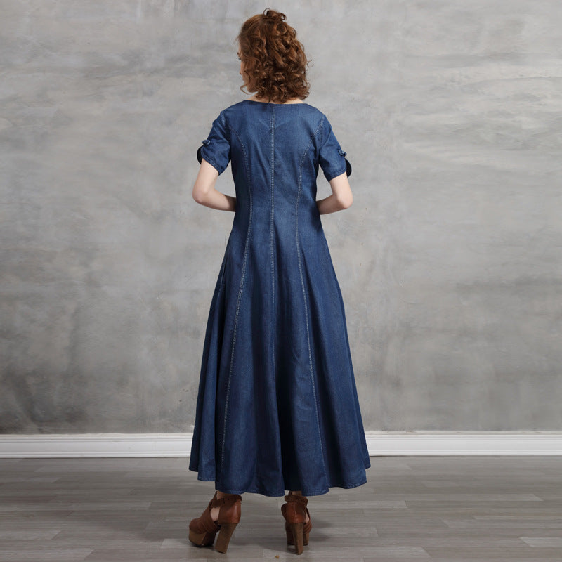 The 'Eastern-Rose' Embroidered Denim Cheongsam Dress