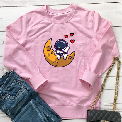 Astronaut Love Printed Round Neck Long Sleeve Hoodie