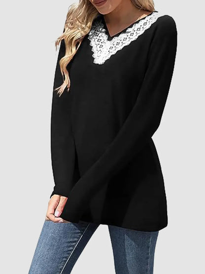 Solid color V-neck loose casual long sleeved T-shirt top for women's wear