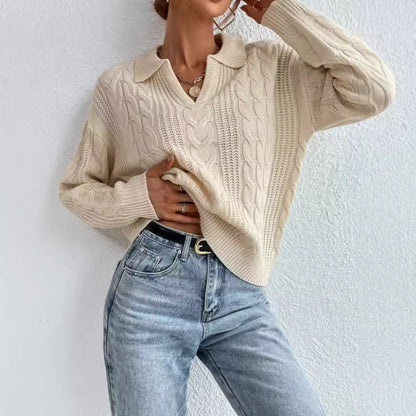 Style Plain Color Short Sleeve Polo Neck Knit Sweater Top for Women