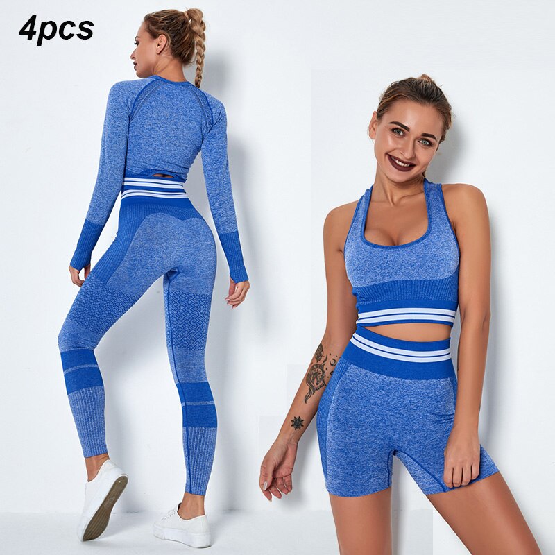 Women's 4-Piece Seamless Yoga Set – Sports Bra, Crop Top, Shorts & High Waist Leggings