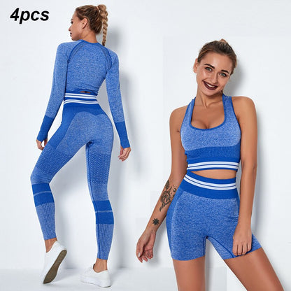 Women's 4-Piece Seamless Yoga Set – Sports Bra, Crop Top, Shorts & High Waist Leggings