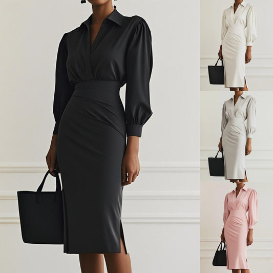 The 'Sculpted-Flow' V-Neck Pleated Midi Dress