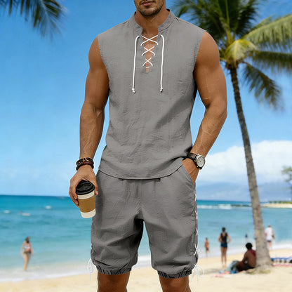 American-style Vintage Linen Sleeveless Vest And Ankle-cuff Shorts