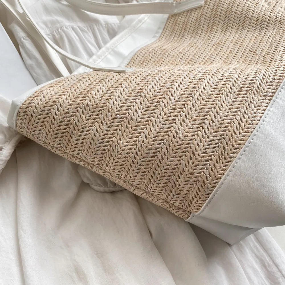 Lightweight straw handbag side view

