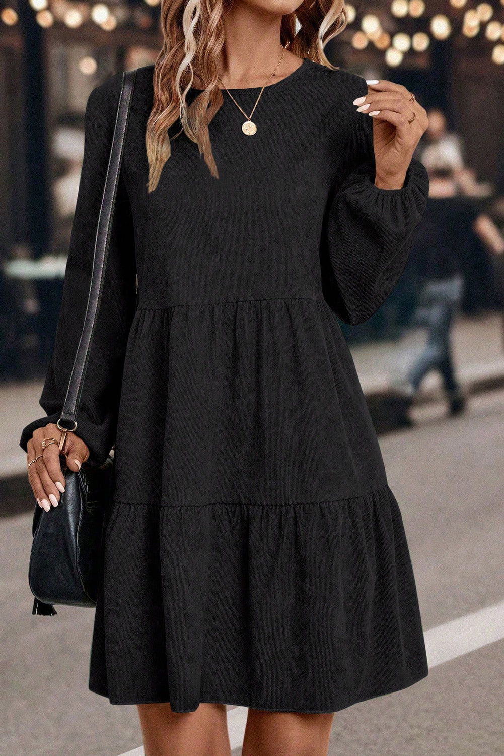 The 'Willow' Dark Brown Lantern Sleeve Tiered Mini Dress