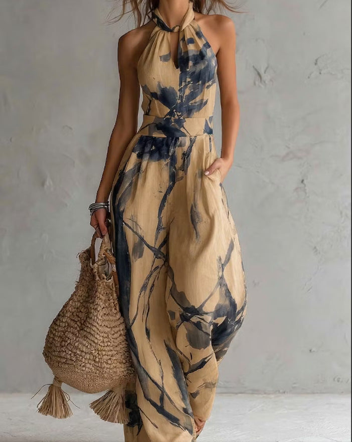 Women's Halter Backless Tie-Dye Jumpsuit – Wide Leg Beach Pants