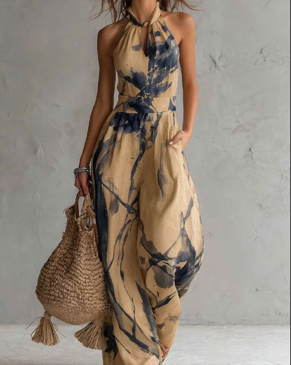 Women's Halter Backless Tie-Dye Jumpsuit – Wide Leg Beach Pants