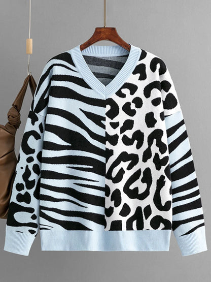 Autumn/Winter New Sweater For Women Leopard Color Block V-neck Long Sleeve Loose Knitted Pullover Top Female