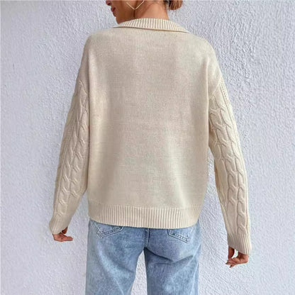 Style Plain Color Short Sleeve Polo Neck Knit Sweater Top for Women