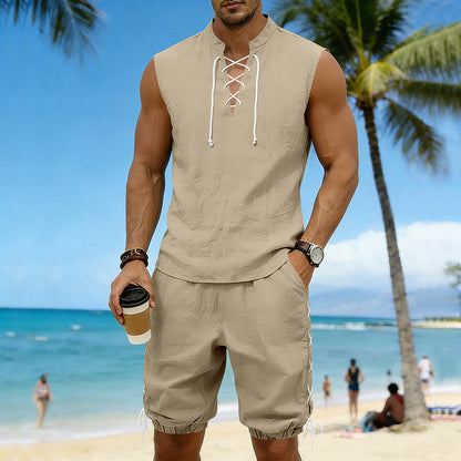 American-style Vintage Linen Sleeveless Vest And Ankle-cuff Shorts