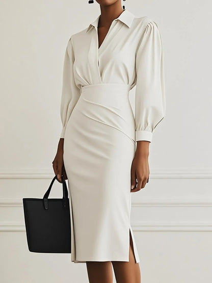 The 'Sculpted-Flow' V-Neck Pleated Midi Dress