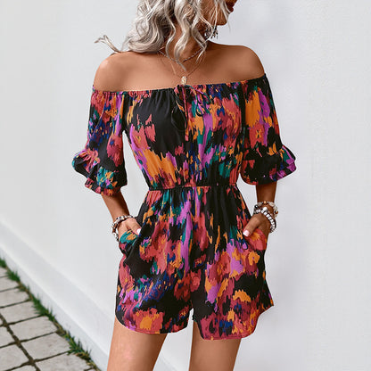 Holiday party trend off shoulder bubble sleeves abstract printed women's jumpsuit