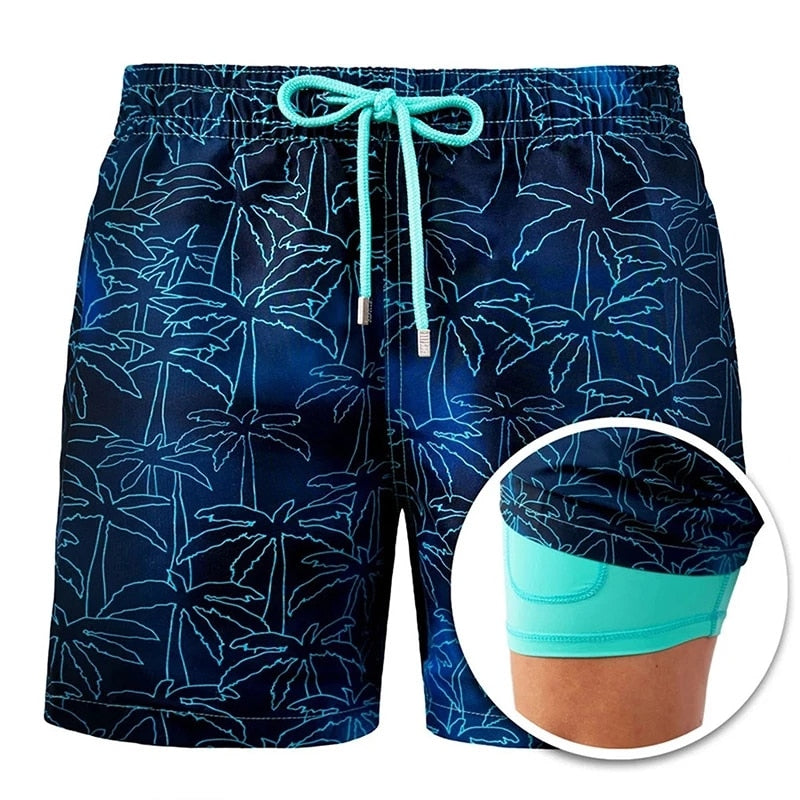 Summer Shorts Men's Beach Pants Sports Pants Printed Double-Layer Shorts Men's Casual Quick-Drying Floral Shorts Men