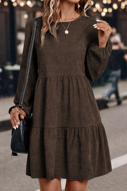 The 'Willow' Dark Brown Lantern Sleeve Tiered Mini Dress