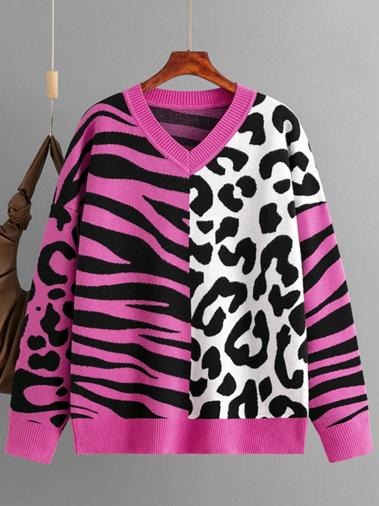 Autumn/Winter New Sweater For Women Leopard Color Block V-neck Long Sleeve Loose Knitted Pullover Top Female