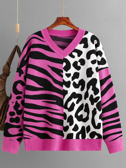Autumn/Winter New Sweater For Women Leopard Color Block V-neck Long Sleeve Loose Knitted Pullover Top Female