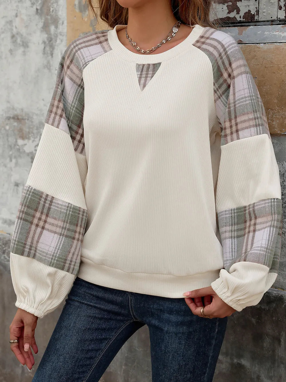 long sleeve cream sweater with plaid

