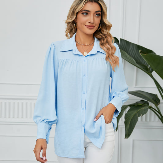 Front view of women’s long sleeve button-up shirt

