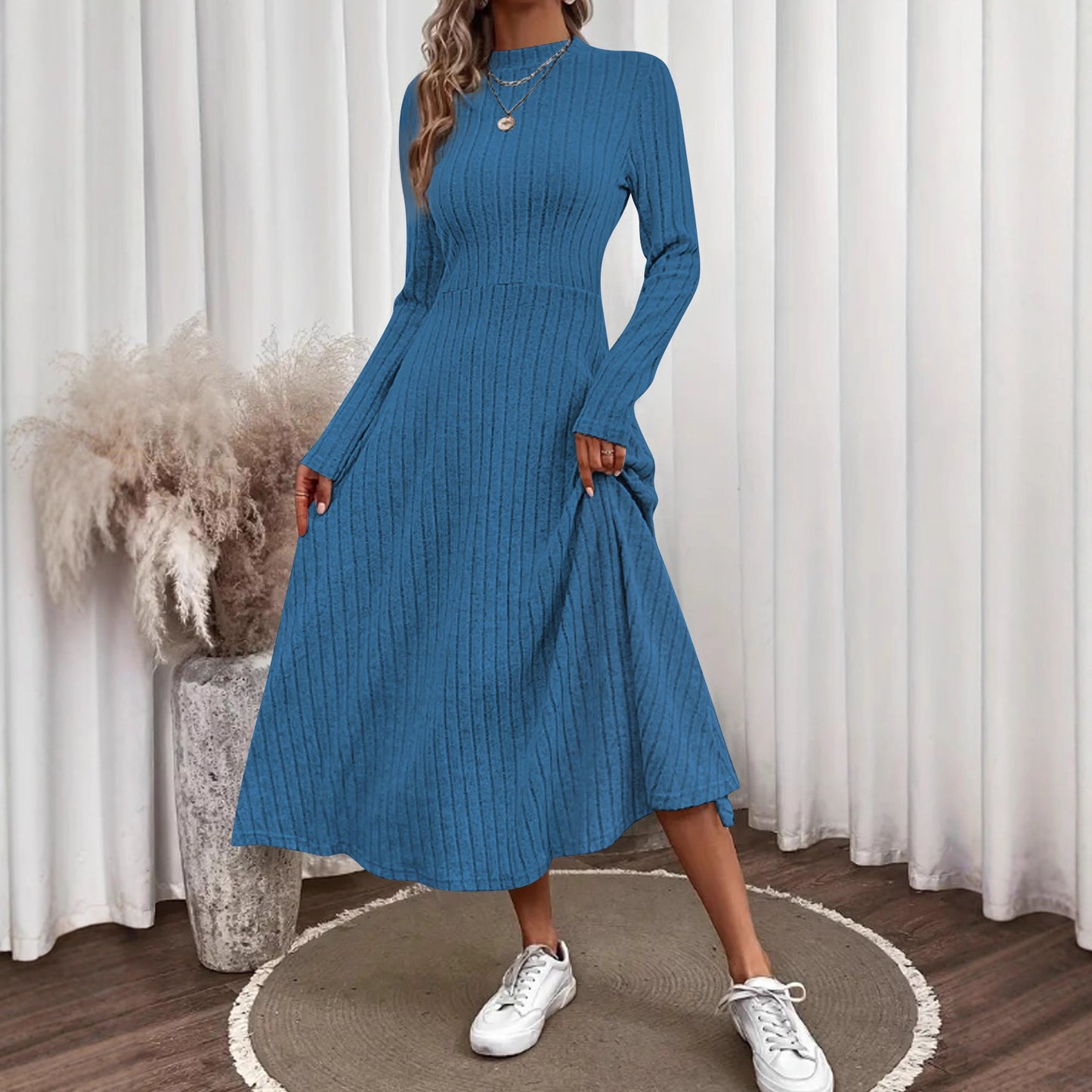 Solid color round neck jumpsuit long skirt