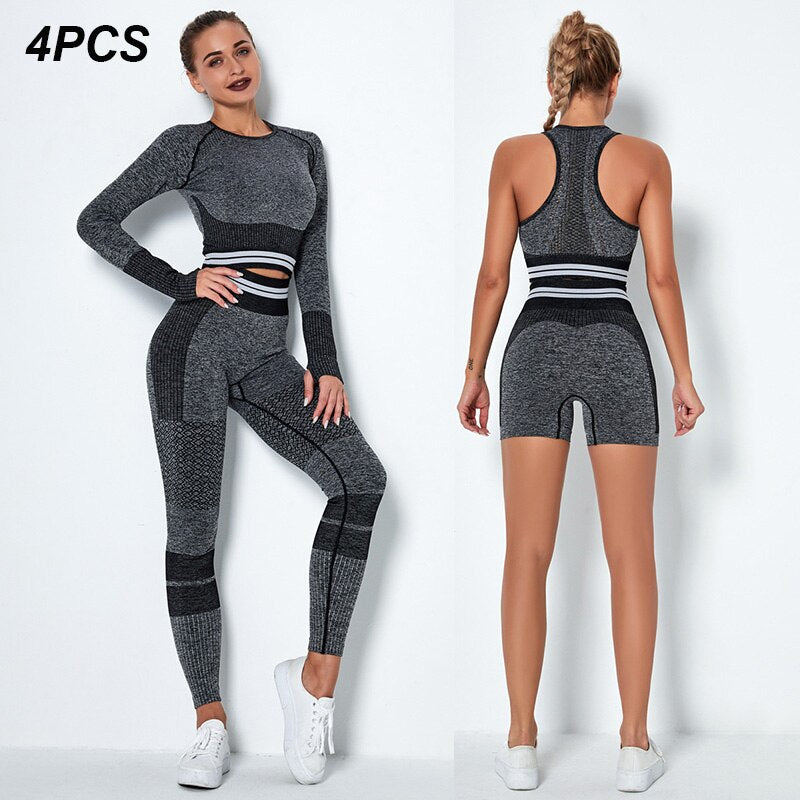 Women's 4-Piece Seamless Yoga Set – Sports Bra, Crop Top, Shorts & High Waist Leggings